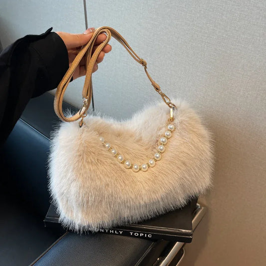 Autumn And Winter Fashion Shoulder Bags Pearl Chain Crossbody Bag Versatile Commuting Armpit Plush Female Bag - DanaFashionstore