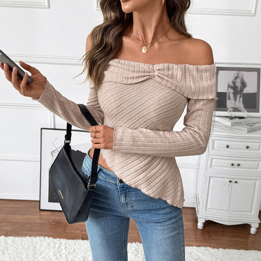 Women's Knitted Solid Color Long Sleeve Off Shoulder Irregular Hem - DanaFashionstore
