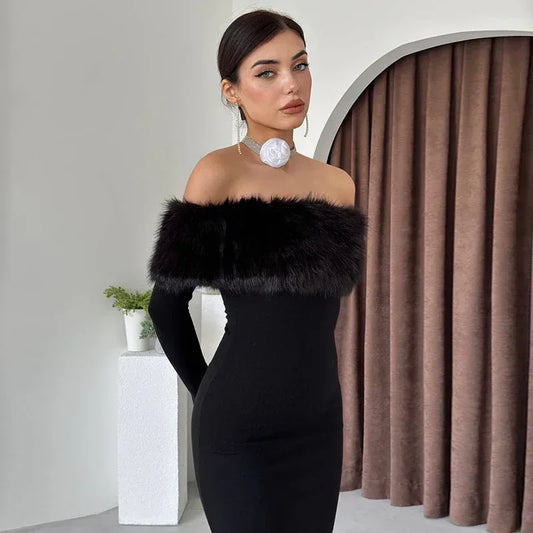Off-shoulder Fur Collar Slim Fit Dress Women - DanaFashionstore