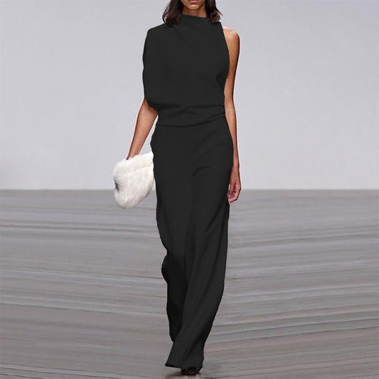 Solid Color One-Shoulder Pile Collar Jumpsuit - DanaFashionstore