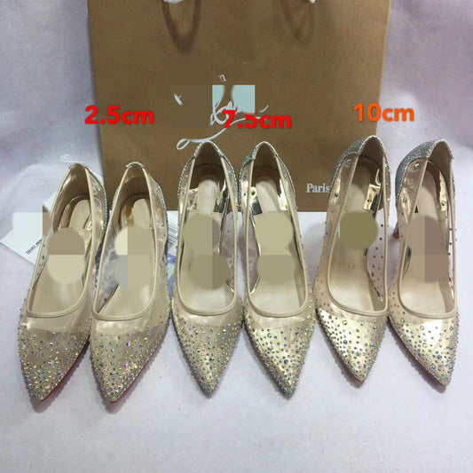 Mesh Rhinestone Transparent Women's Single Shoes Pointed High Heels Women - DanaFashionstore