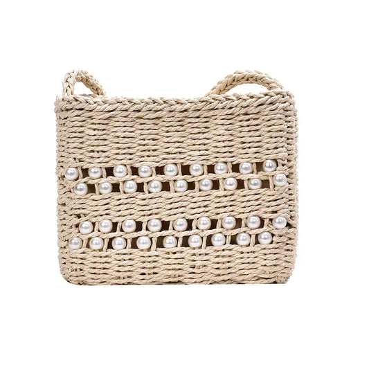 Fashion Messenger Bag Women Casual Western Style One-shoulder Pearl Straw Woven Bag - DanaFashionstore