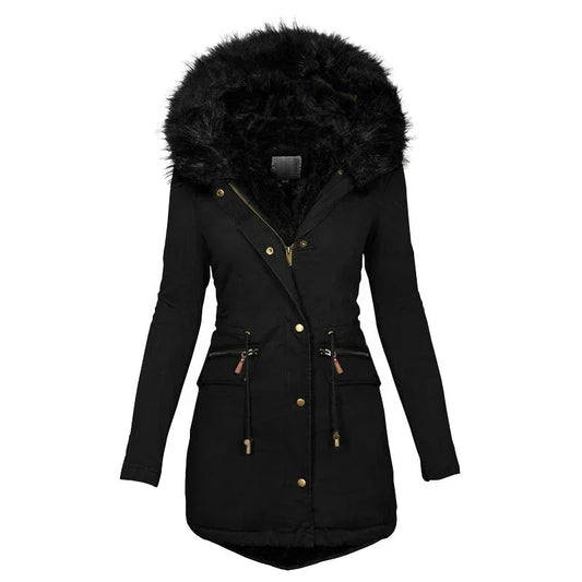 Women's Plush Hooded Parkas Winter Warm Thick Zip-up Jackets Casual Mid-length Solid Buckle Pockets Coat Outerwear Clothing - DanaFashionstore