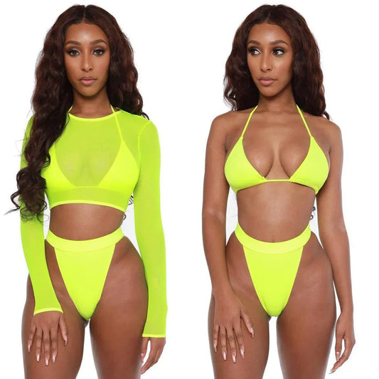 3 Piece Neon Green Bikini Swimsuit Women Sexy Long Sleeve Swimwear Women High Waist Bikini Set High Cut Bathing Suit - DanaFashionstore