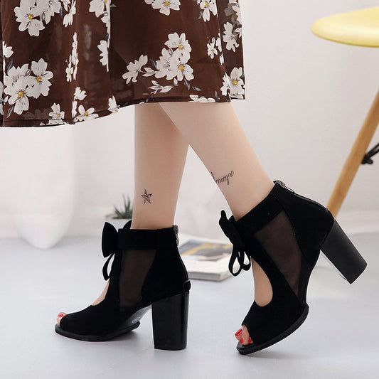 Thick-Heeled Bow-Knot Sandals Roman Wind Mesh Gauze Hollow High-Heeled Women'S Shoes - DanaFashionstore