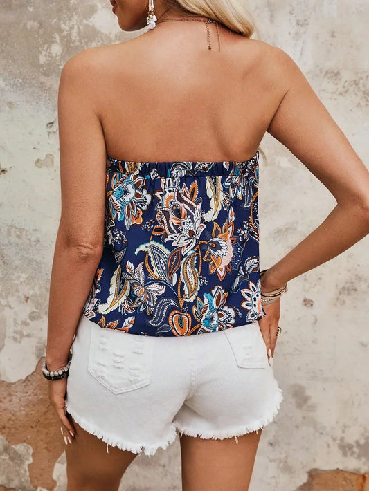 Floral Printed Summer Pleated Strapless Top - DanaFashionstore