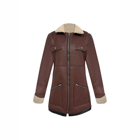 Faux Suede Zipper Composite Fur Integrated Turn-down Collar Coat