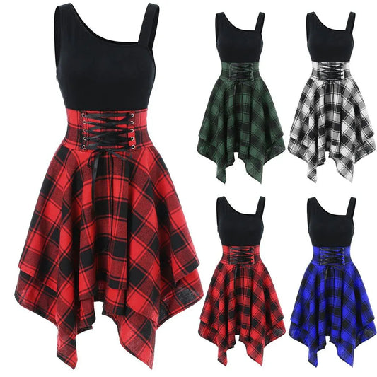 Fashion Plaid Suspender Elastic Waist Irregular Plaid Dress - DanaFashionstore