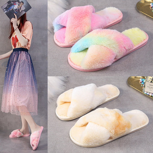 Fashion Cross Plush Casual Rainbow Slippers