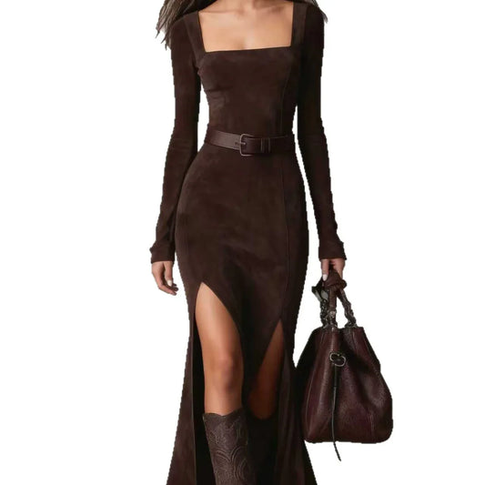 Zipper Square-neck Slit Maxi Dress - DanaFashionstore