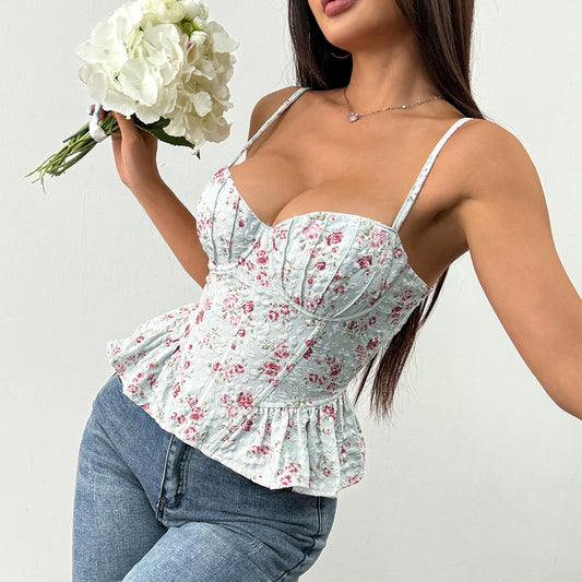 Women's Floral-print Asymmetrical Ruffled Top