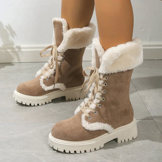Winter Lace-up Snow Boots For Women Mid-tube Fleece Shoes Warm Chunky Heels Plush Boot - DanaFashionstore