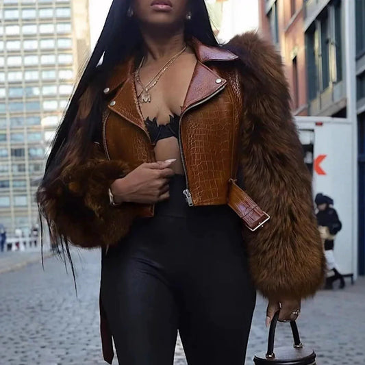 Womens Patchwork Fur Jacket A Stylish And Sexy Outerwear Piece - DanaFashionstore