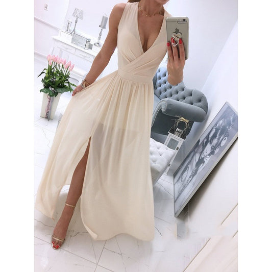 Women's Summer Sleeveless And Ankle Skirt Solid Color V-neck Front Split Long Dress