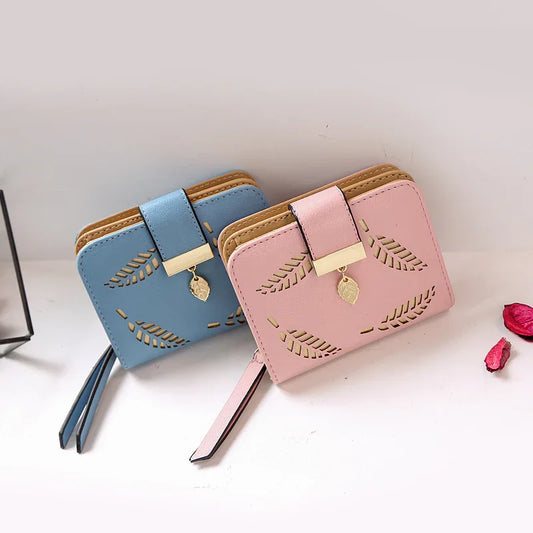 New Korean Women's Wallet Short Hollow Clutch Bag Leaf Zipper Buckle Bills Card Pack - DanaFashionstore