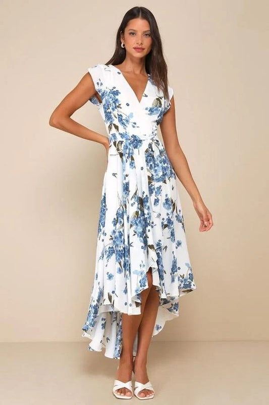 Women's Short-sleeved V-neck Digital Printing Irregular Front Short Back Length Dress
