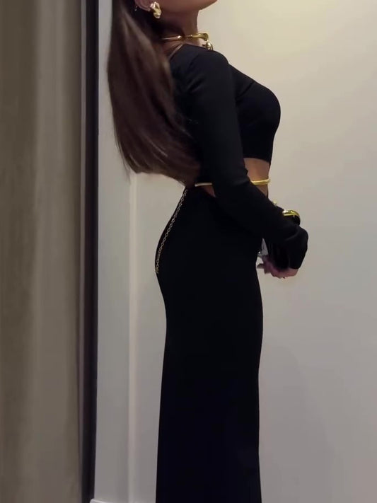 Black Cutout Waist Maxi Dress 2026 - Long-Sleeve Evening Dress - DanaFashionstore