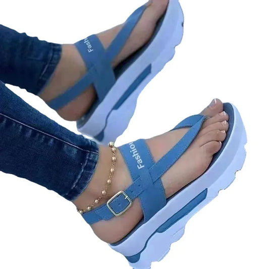 Ladies Thong Platform Heightened Solid Color Buckle Velcro Sandals - DanaFashionstore