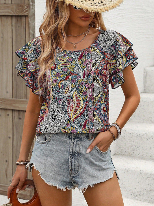 Women's Summer Hawaiian Style Ruffle Sleeve Paisley Print Casual Shirt - DanaFashionstore