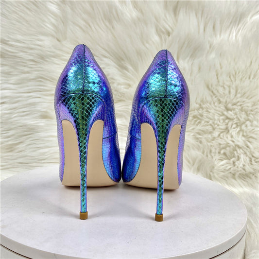New Blue Color Serpentine Lady High Heels 12CM Pointed Stiletto Heel