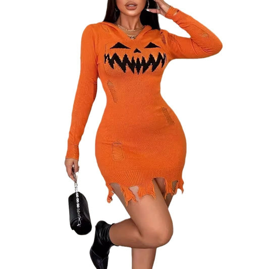 Solid Color Hooded Dress Women 2026 - Halloween Fashion Tight Dress - DanaFashionstore