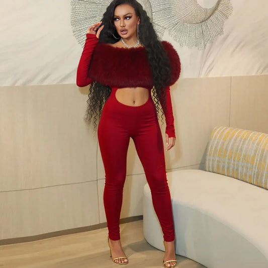 New Women's Off-shoulder Furry Stitching Sexy Midriff-baring Long Sleeve Jumpsuit - DanaFashionstore