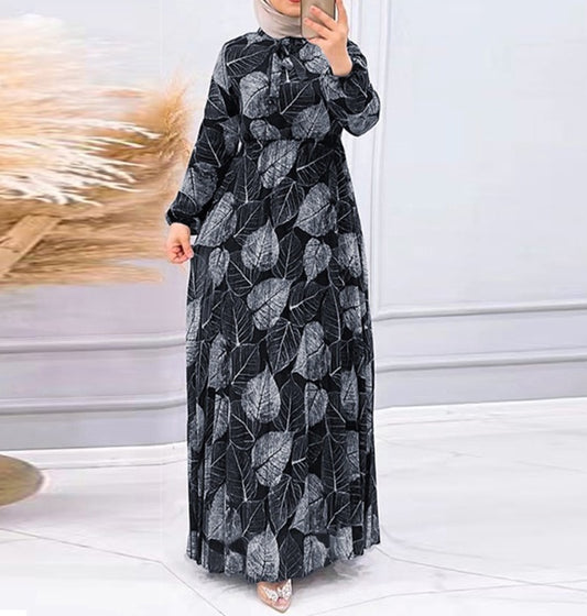Women's Leaf Print Pleated Skirt Fashionable Waist-Slimming Dress