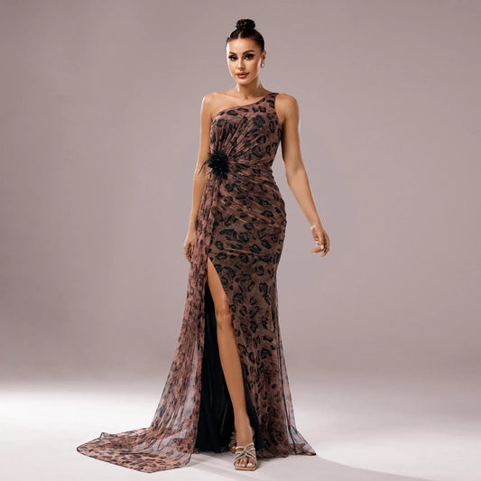 One-shoulder Diagonal Collar Leopard Sequined Evening Dress - DanaFashionstore