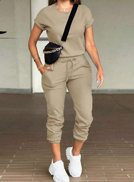 2pcs Women Solid Color Round Neck Short Sleeve Top And Drawstring Pocket Long Pants Casual Suit
