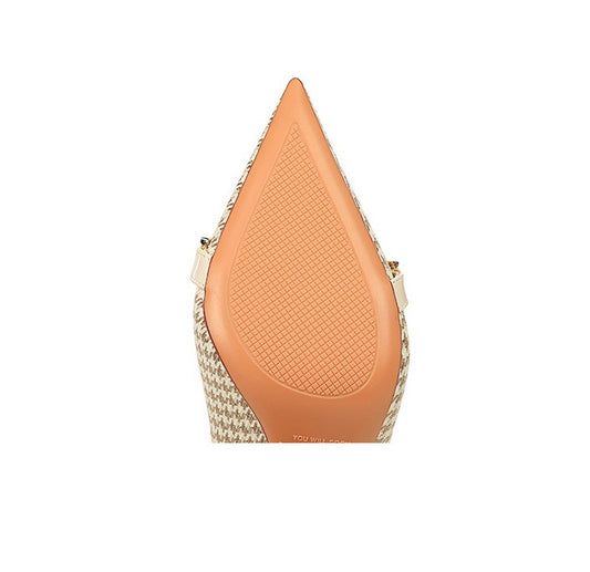 Shallow Mouth Pointed Pearl Chain Plaid Women's Single Shoes - DanaFashionstore