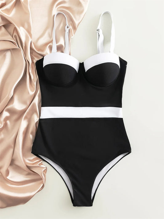 Push Up Contrast Color Fashion Bikini One-piece Swimsuit - DanaFashionstore