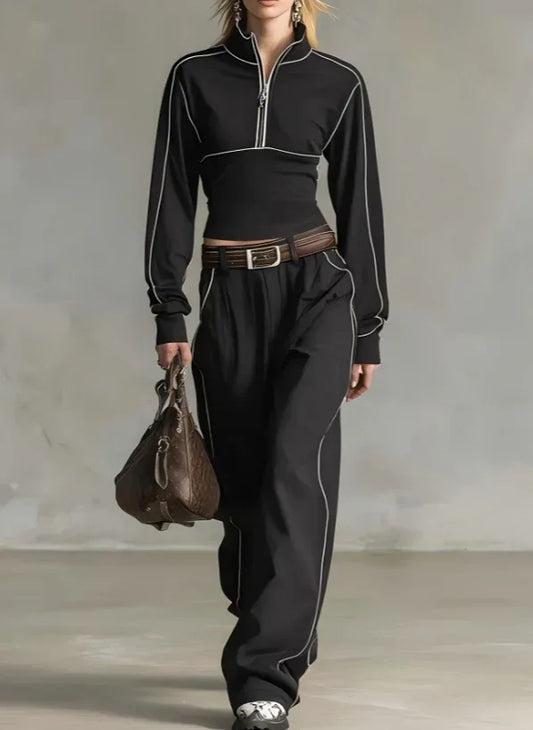 Stand-up Collar Short Zip-up Top Wide-leg Pants Casual Sportswear Set - DanaFashionstore