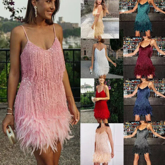 Sexy Tassel Sequins Feather Summer Mini Dress Women V Neck Spaghetti Strap Stitching Dresses Female Elegant Evening Party Club Dress - DanaFashionstore