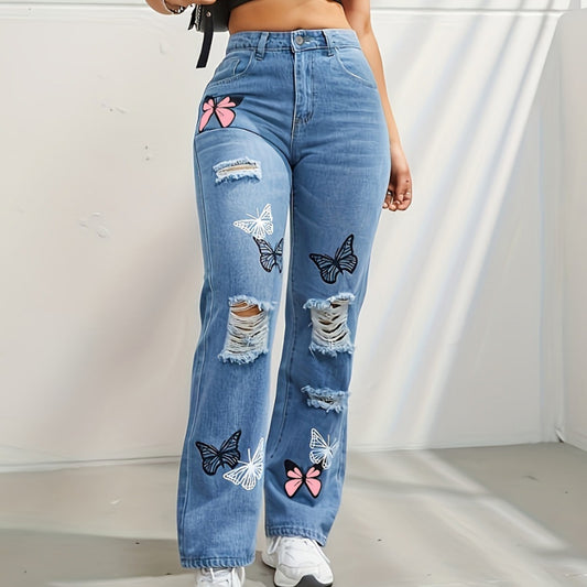 High Waisted Straight Leg Jeans For Women Trendy Butterfly Print Ripped Distressed Denim Pants - DanaFashionstore