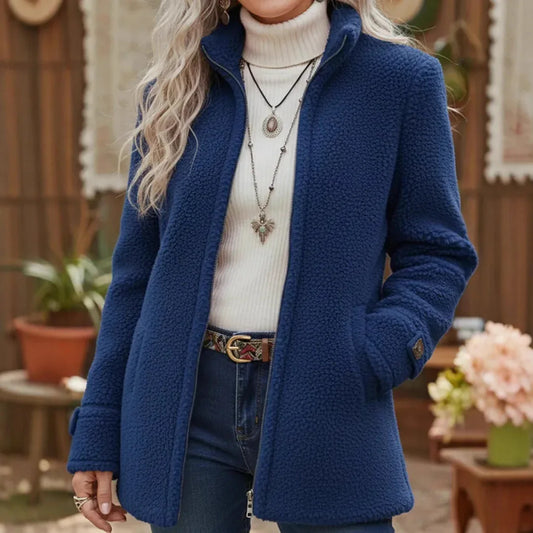 Womens Stand-Up Collar Solid-Color Loose Casual Long-Sleeve Fleece Zip-Up Jacket - DanaFashionstore