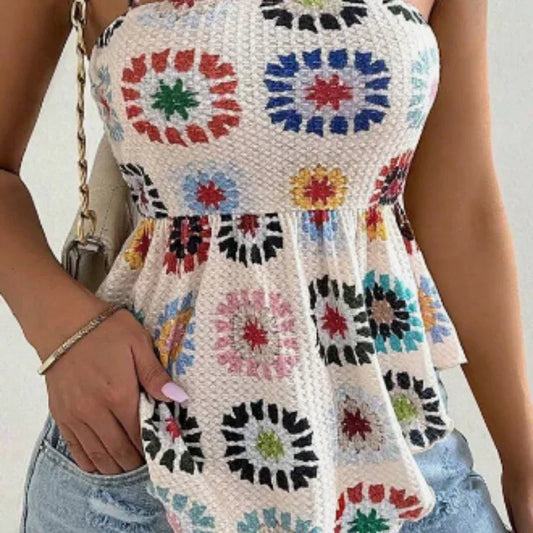 Women's Vacation Hibiscus Printed Ruffle Hem Casual Camisole Top Graphic Tees - DanaFashionstore