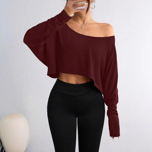 Solid Color Shoulder Long Sleeve Loose-fitting Cropped Top - DanaFashionstore