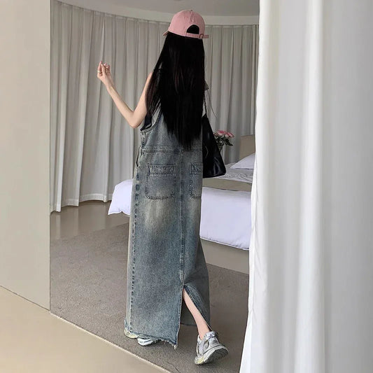Retro Denim Strap Dress 2026 - Sleeveless Long Skirt Dress - DanaFashionstore