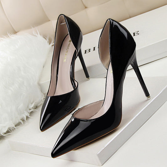 Stiletto patent leather shallow pointed high heels