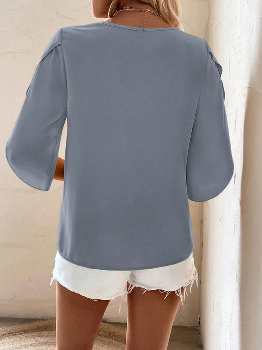 Solid Asymmetrical Neck Petal Sleeve Blouse - DanaFashionstore