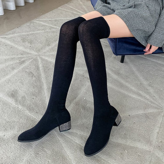 Womens Thigh High Stretch Breathable Pointed Toe Rhinestone Thick Heel Knitting Sock Boots