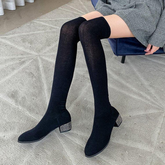 Womens Thigh High Stretch Breathable Pointed Toe Rhinestone Thick Heel Knitting Sock Boots - DanaFashionstore