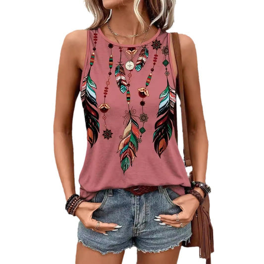 Women's Feather Print Vest Summer Print