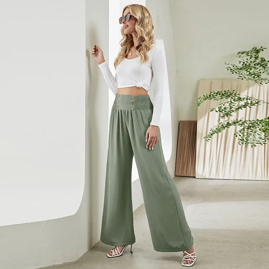 Fashion Straight Wide Leg Pants Elastic High Waist Casual Trousers For Women - DanaFashionstore