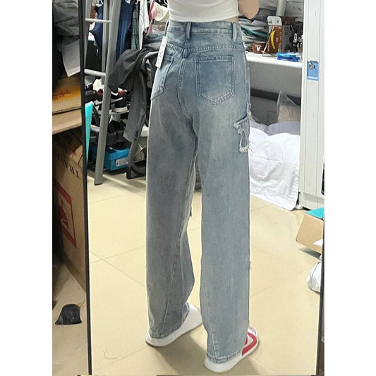 Blue XINGX Embroidered Jeans Women Loose Straight-leg Wide-leg Pants - DanaFashionstore