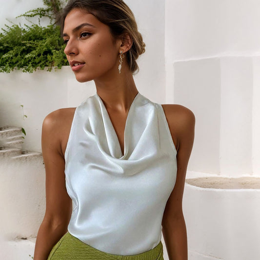 Women Solid Color Swing Collar Sleeveless Vest Trendy Elegant Shirt With Halter Neckline Backless Short Sleeve Tops Tshirts - DanaFashionstore