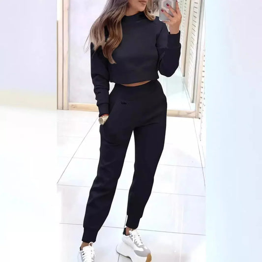 Stand Collar Sports Suit Fashion Pullover Long-sleeves Short Top And Slim Trousers With Pockets Solid Outfits Women's Clothing - DanaFashionstore