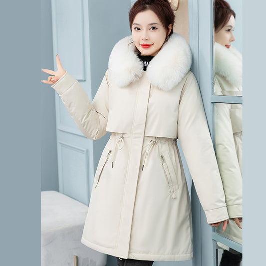 Women's Mid-length Loose Cotton Coat Fleece-lined Thickened Cinched Coat