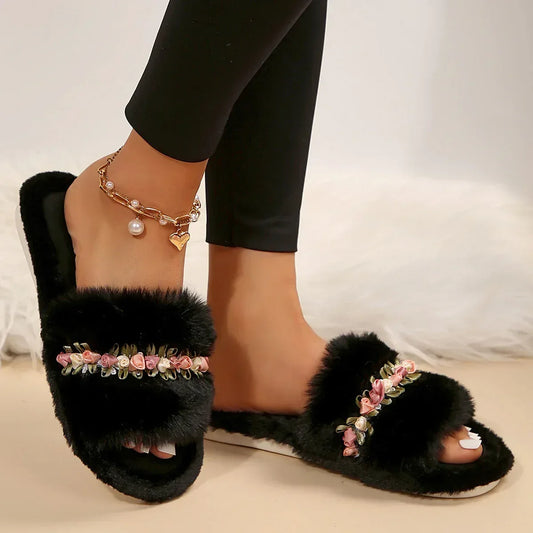 Flower Fluffy Slippers Female Soft Bottom Home Word Cotton Slippers - DanaFashionstore