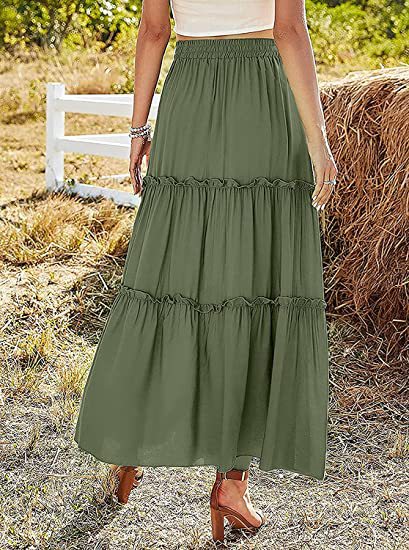 Women's Elastic High Waist A-Line Pleated Casual Maxi Dress
